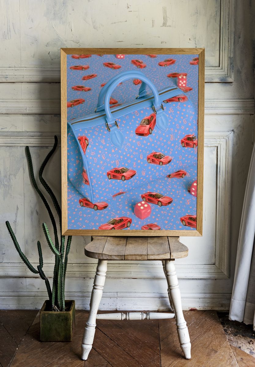 Blue Handbag and Red Cars Poster. — room view 1