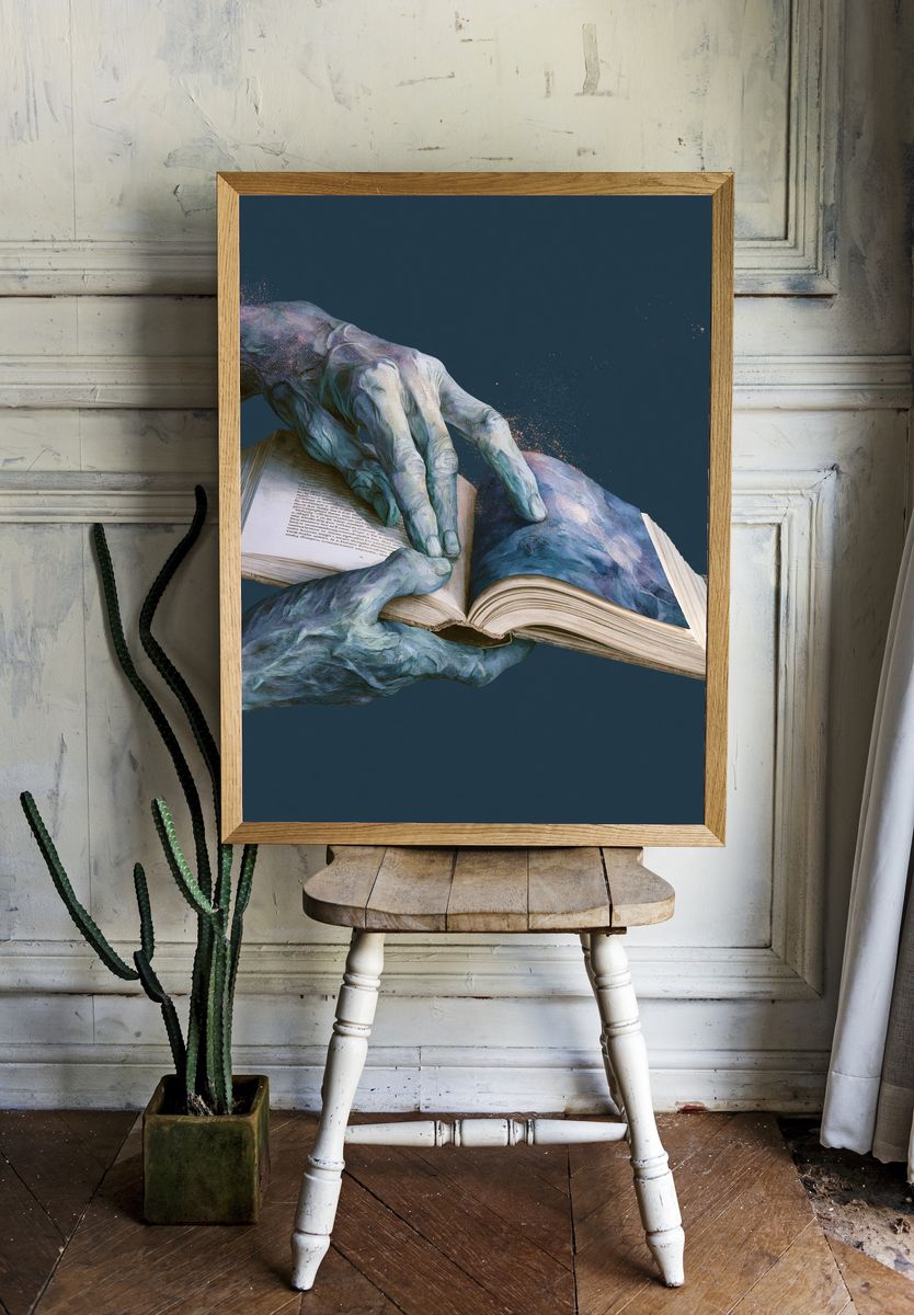 Surreal Hands and Book Print. — room view 1