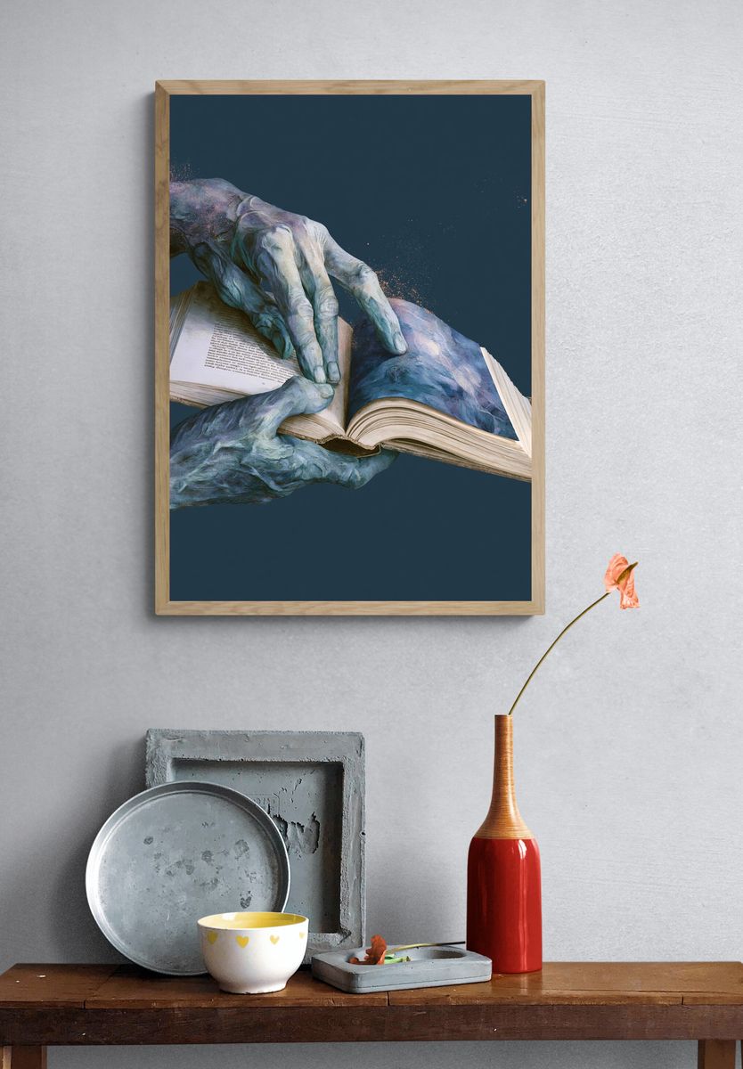Surreal Hands and Book Print. — room view 3