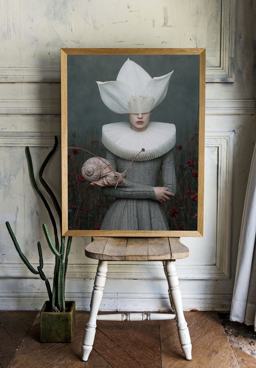 Surreal Snail Portrait Print. room preview