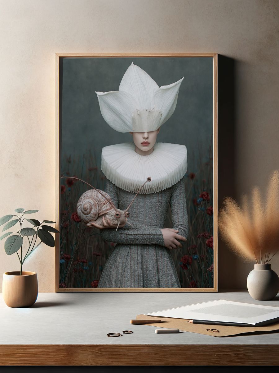 Surreal Snail Portrait Print. — room view 2