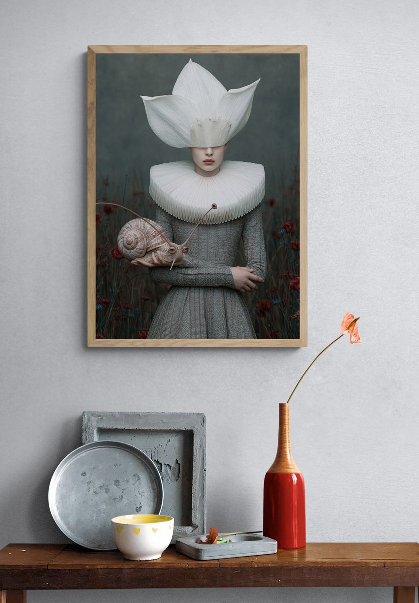 Surreal Snail Portrait Print. — room view 3