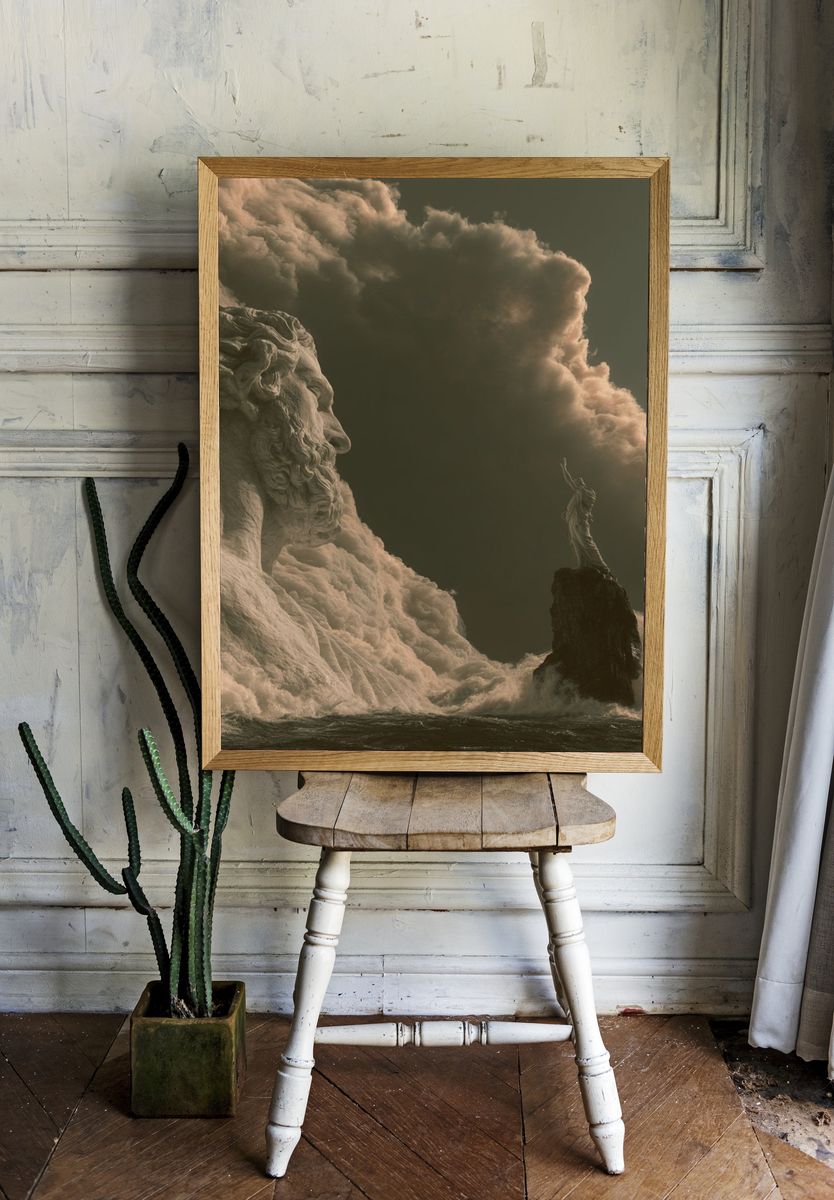 Mythic Sea Giant Surrealism Poster. room preview