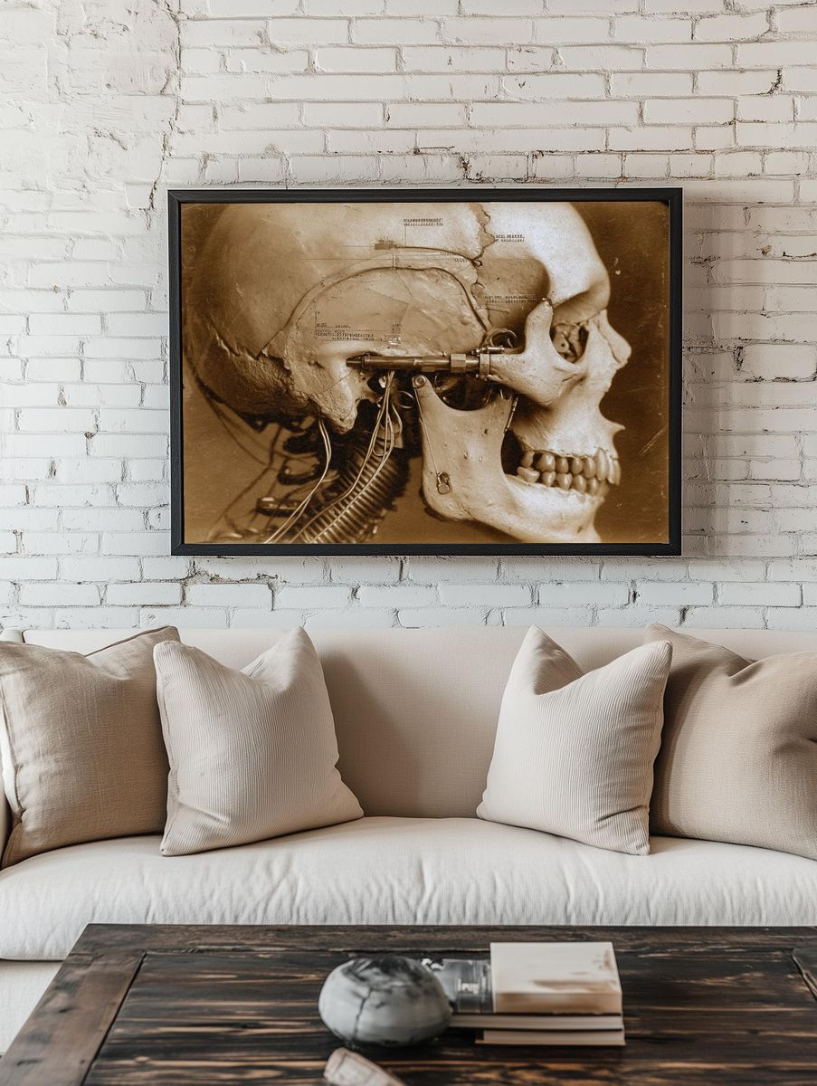 Cybernetic Skull Sepia Print. room preview