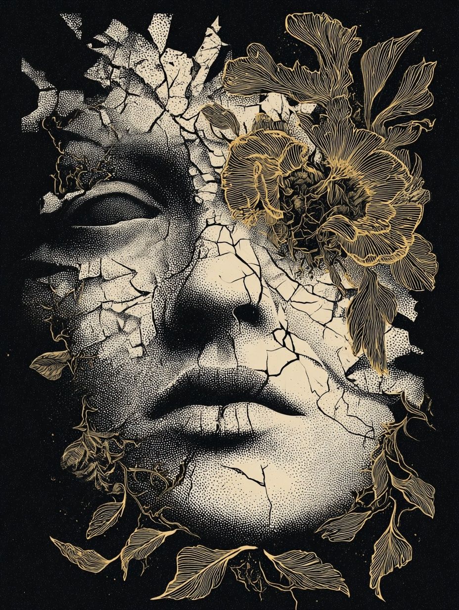 Cracked Face Floral Surrealism Poster. poster detail