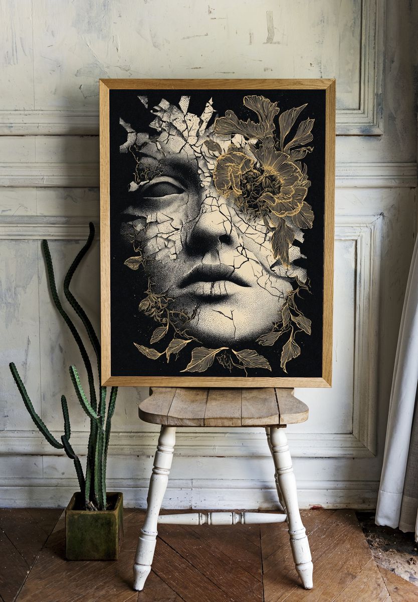 Cracked Face Floral Surrealism Poster. room preview