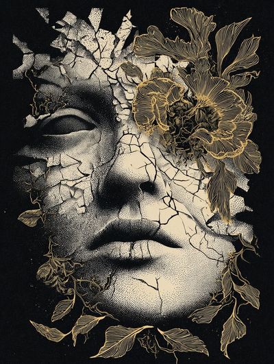 Cracked Face Floral Surrealism Poster.
