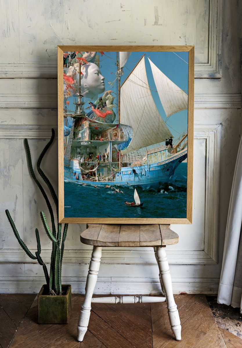 Surreal Sailboat Voyage Print. room preview