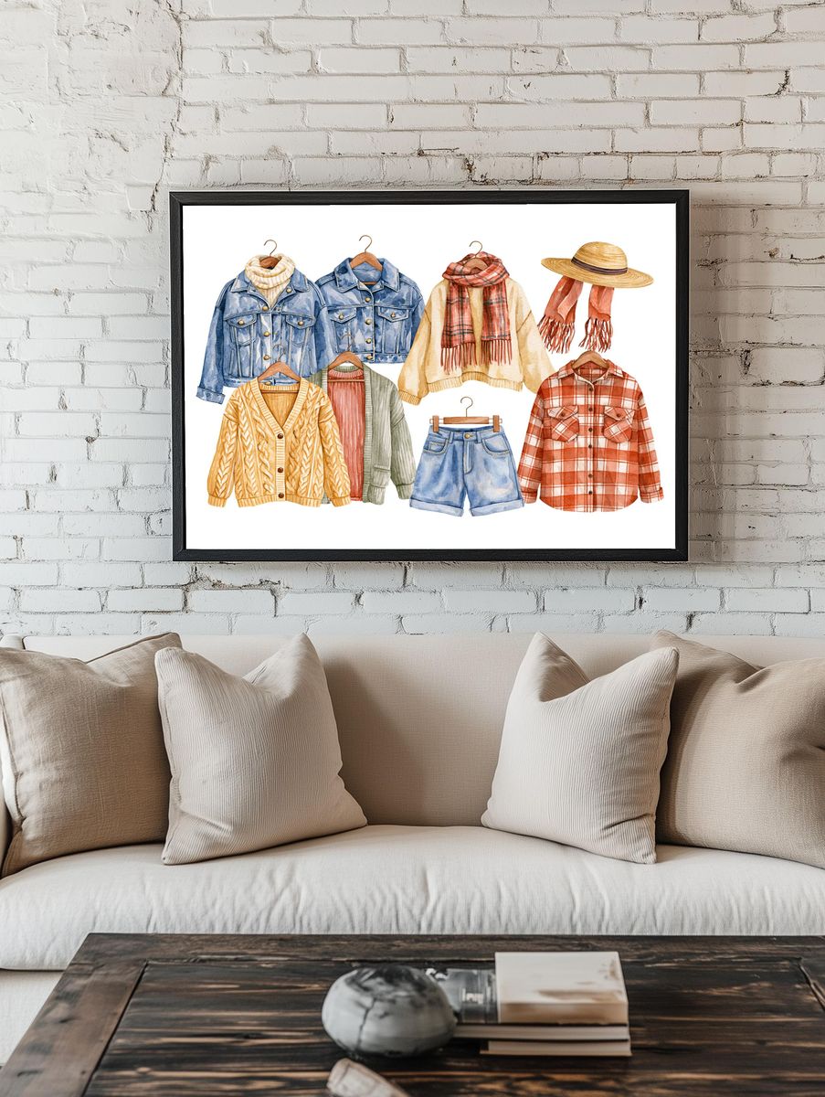 Cozy Fall Wardrobe Watercolor Print. room preview