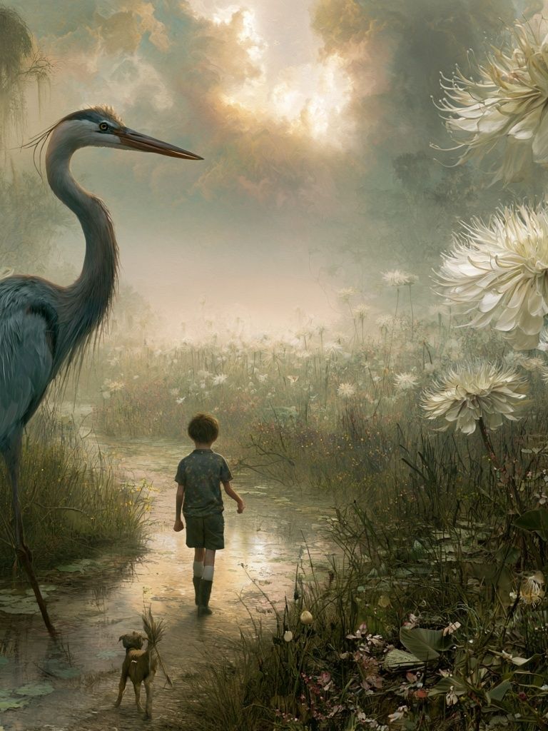 Dreamlike Heron Garden Print. poster — fine-art art