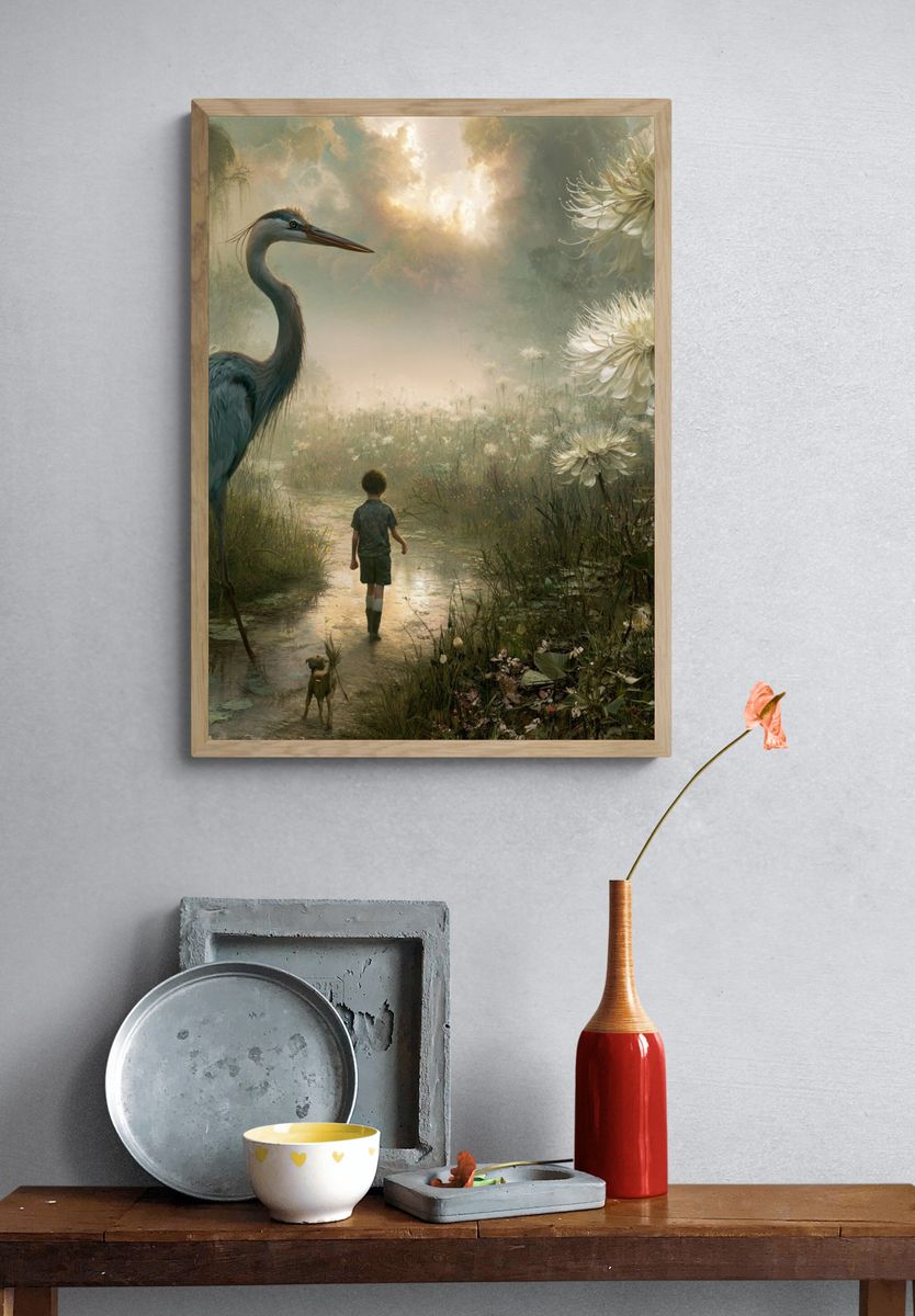 Dreamlike Heron Garden Print. — room view 3