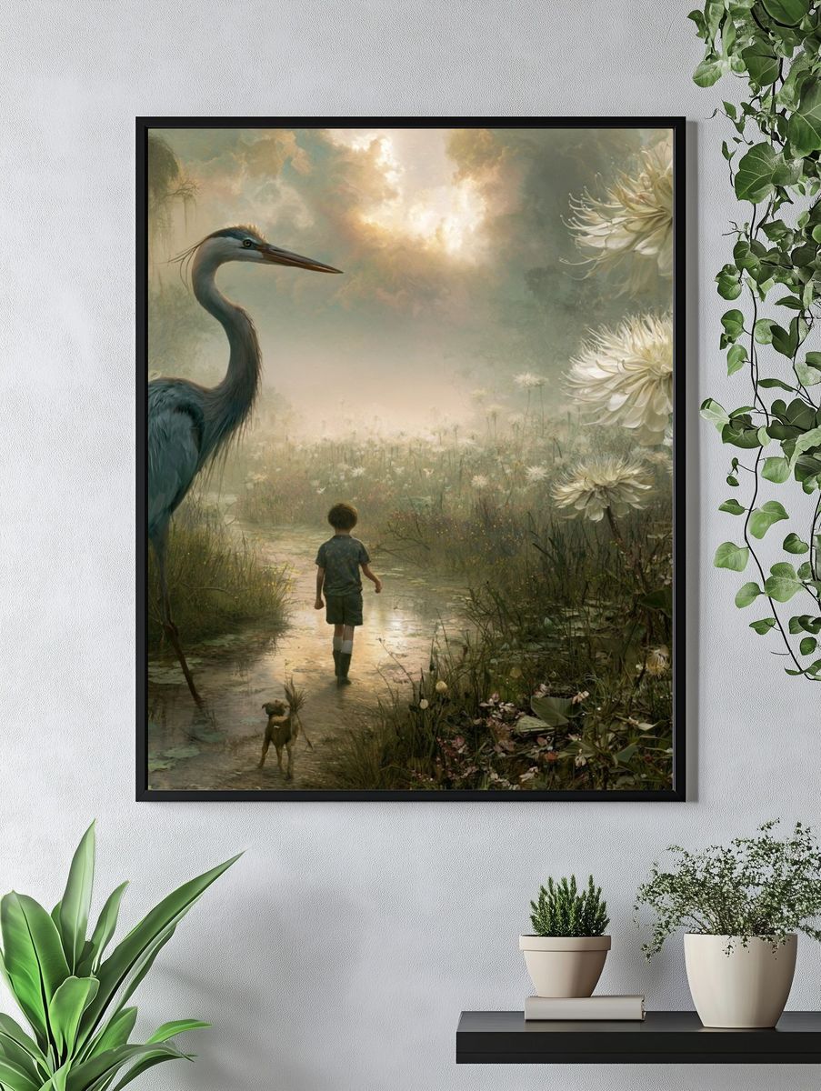 Dreamlike Heron Garden Print. — room view 4