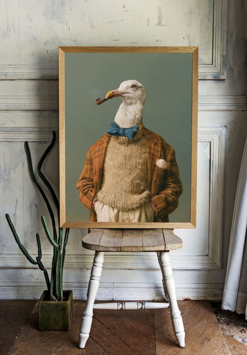 Seagull Gentleman Surrealism Print. room preview