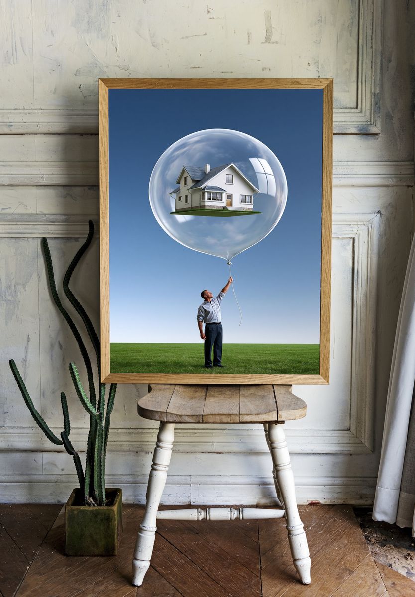 House in Balloon Surrealism Print. — room view 1