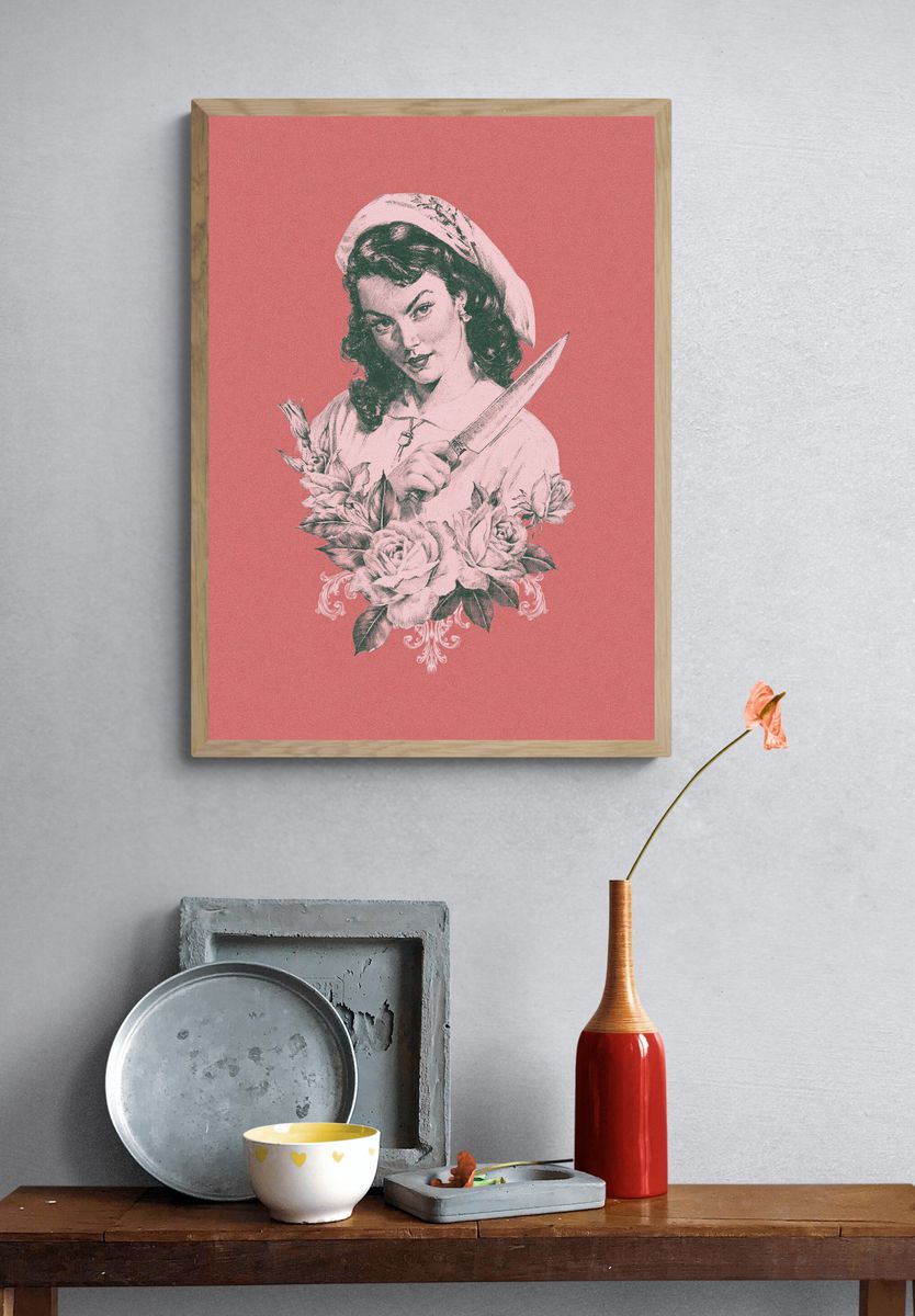 Vintage Woman with Knife Print. — room view 3