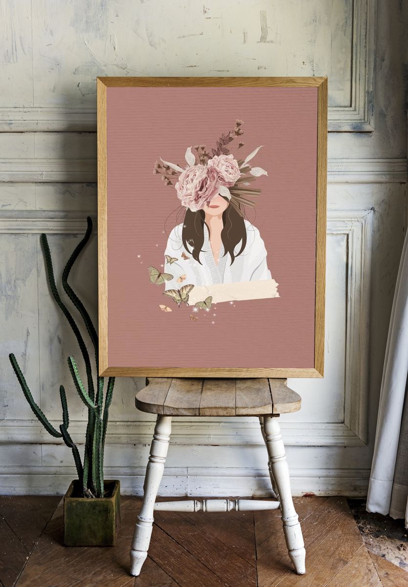 Floral Woman with Butterflies — Illustration Print room preview