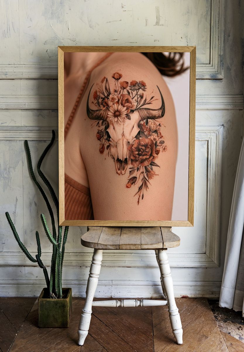 Floral Bull Skull Photography Poster. room preview