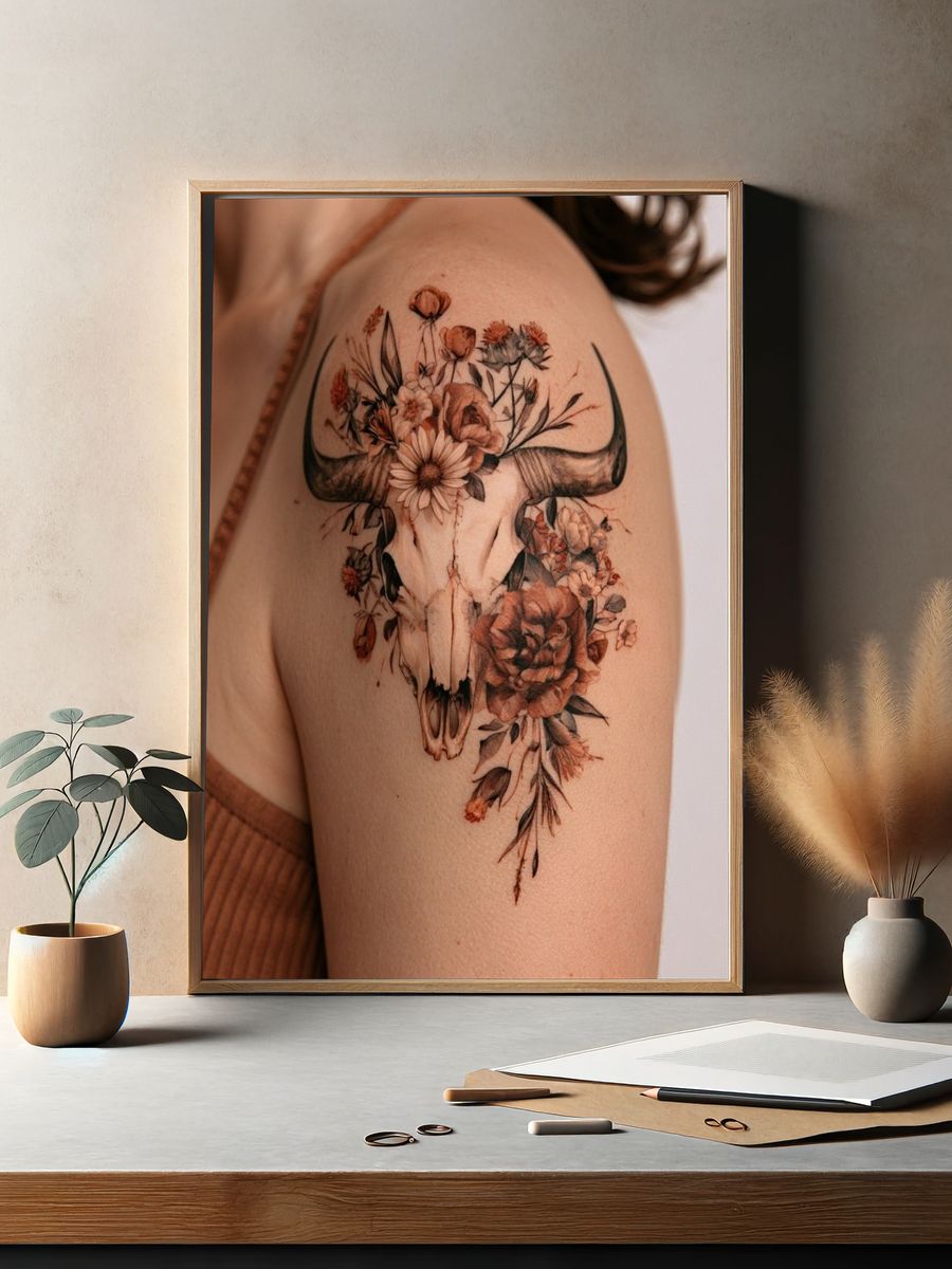 Floral Bull Skull Photography Poster. — room view 2