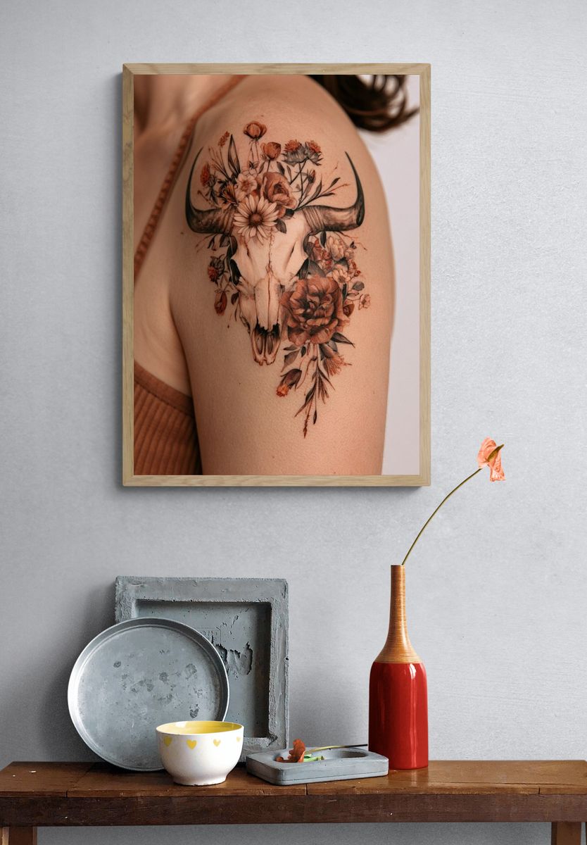 Floral Bull Skull Photography Poster. — room view 3