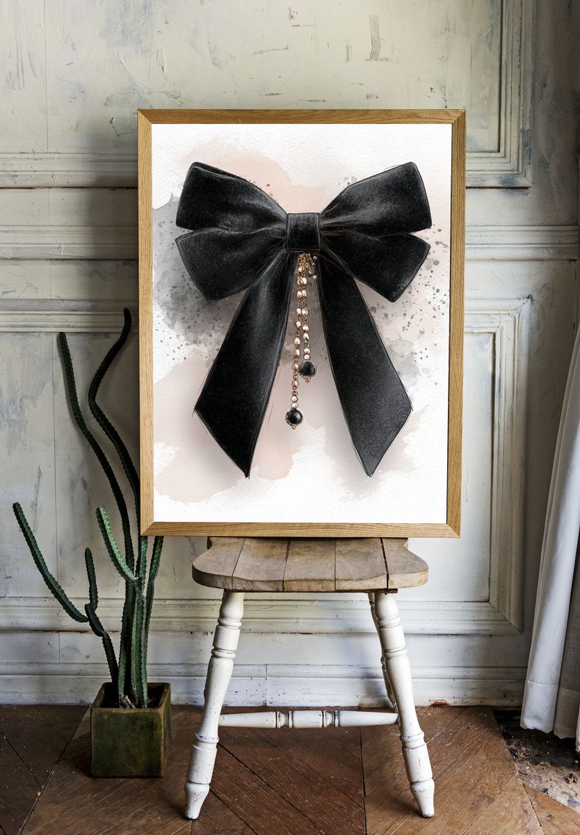 Black Bow Watercolor Illustration Poster. — room view 1