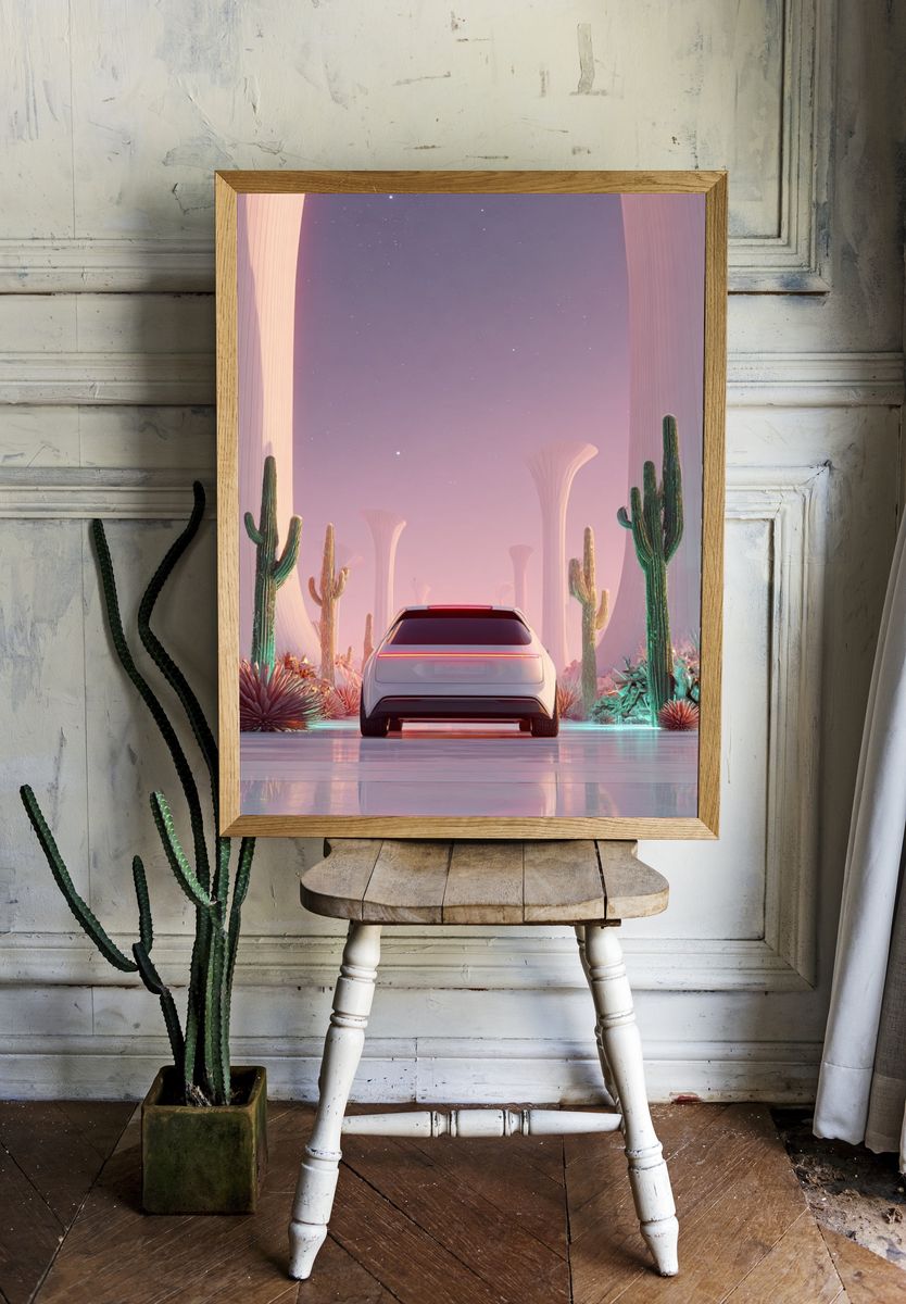 Futuristic Car in Desert Landscape Poster room preview