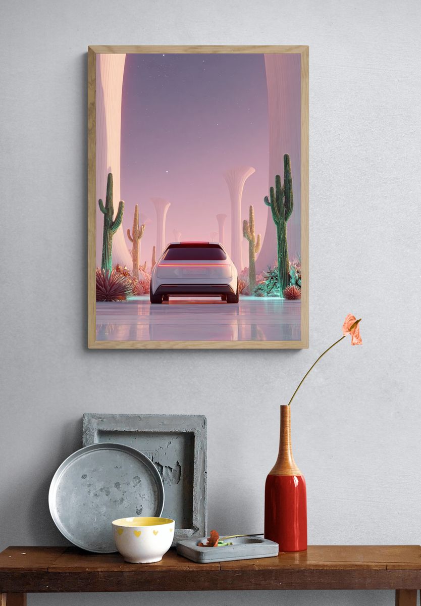 Futuristic Car in Desert Landscape Poster. — room view 3