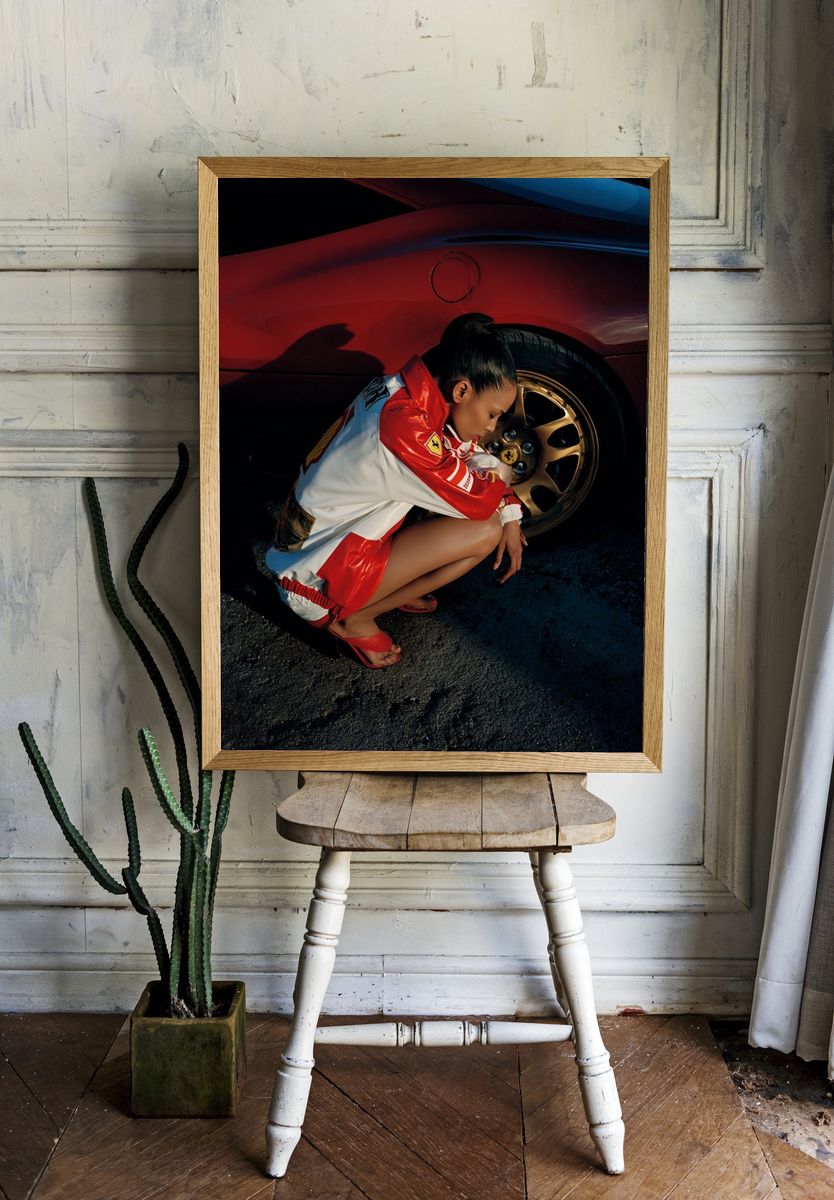 Fashionable Woman with Red Sports Car Poster. — room view 1