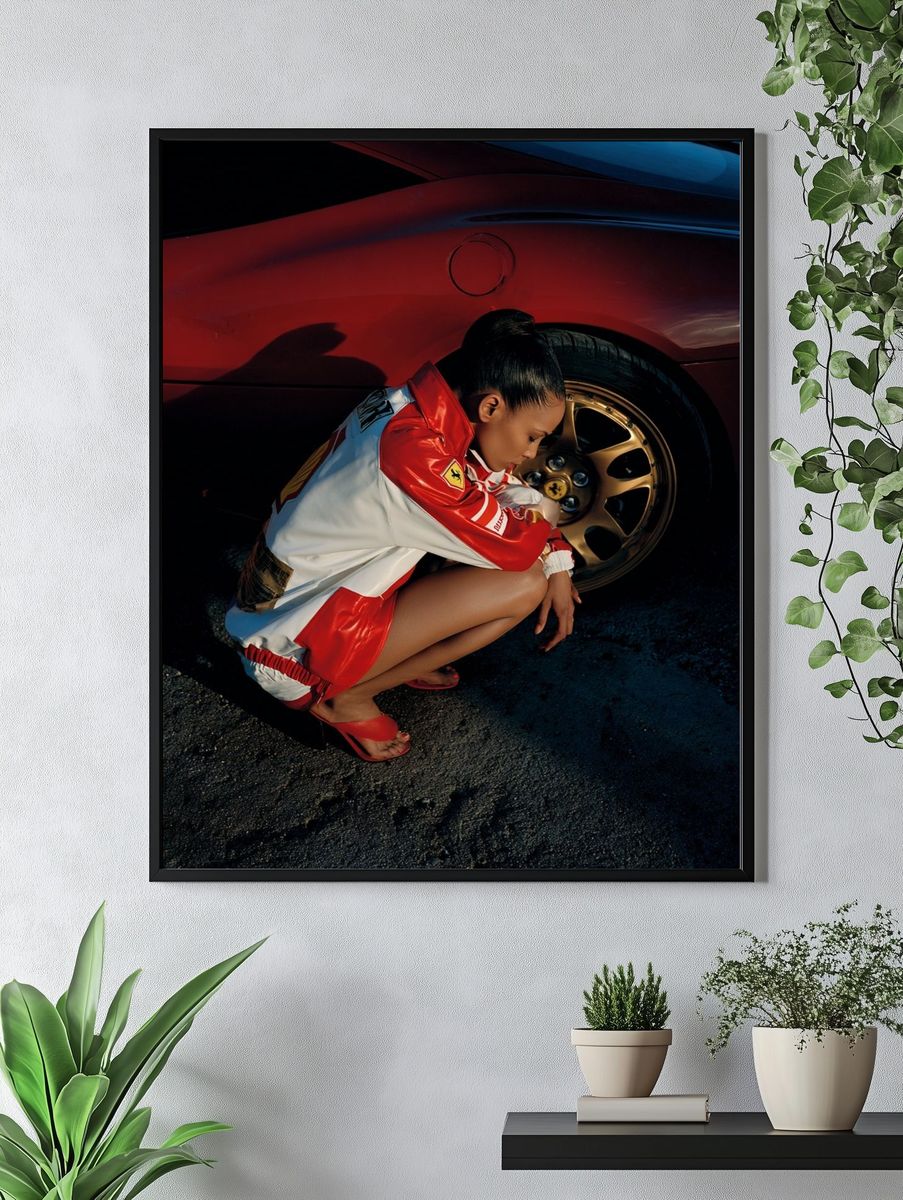 Fashionable Woman with Red Sports Car Poster. — room view 4