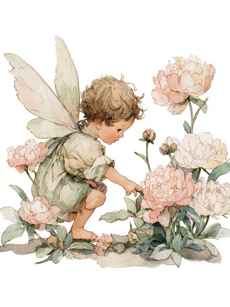 Fairy Child Among Peonies — Watercolor Print. poster — illustration art