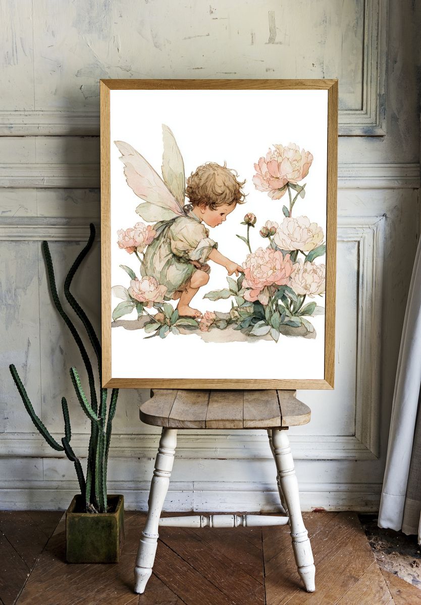 Fairy Child Among Peonies — Watercolor Print room preview