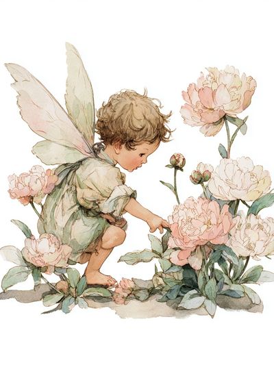 Fairy Child Among Peonies — Watercolor Print. poster print