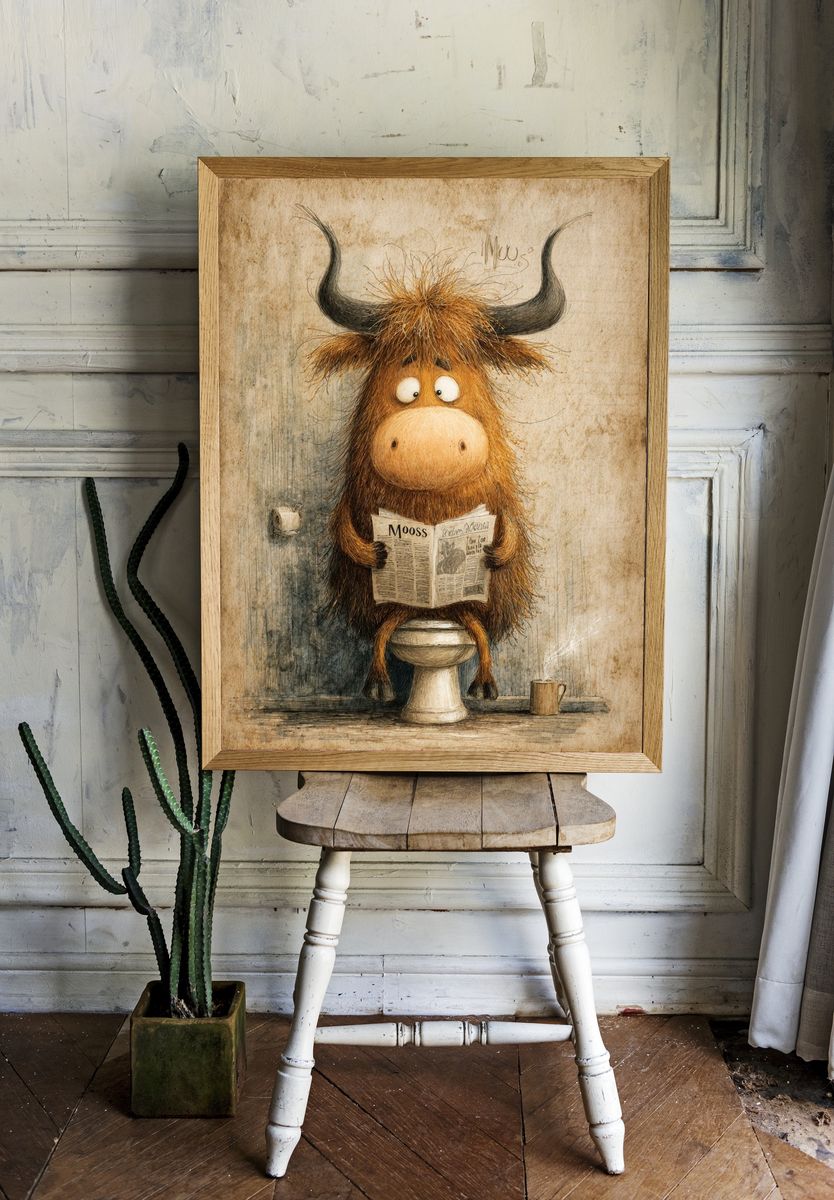 Funny Cow Reading Newspaper — Illustration Print room preview