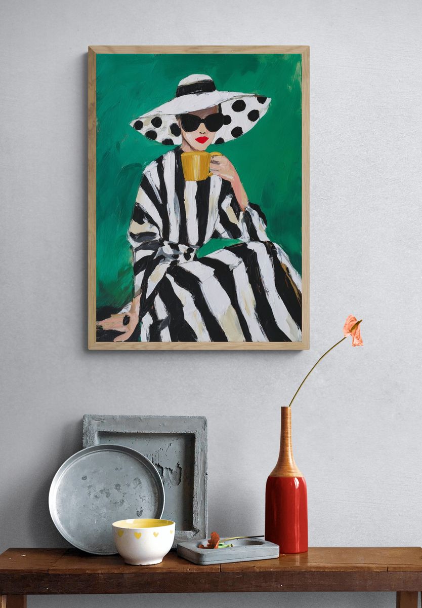 Chic Woman with Coffee — Fashion Print. — room view 3