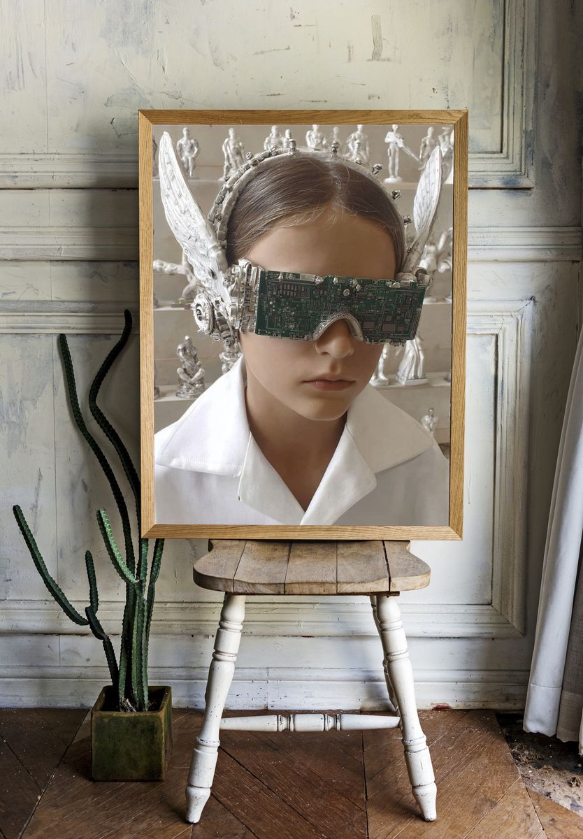 Futuristic Child with Circuit Glasses — Fine Art Print. room preview