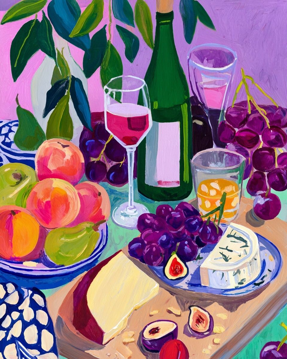 Vibrant Fruit and Wine Still Life Poster. poster detail