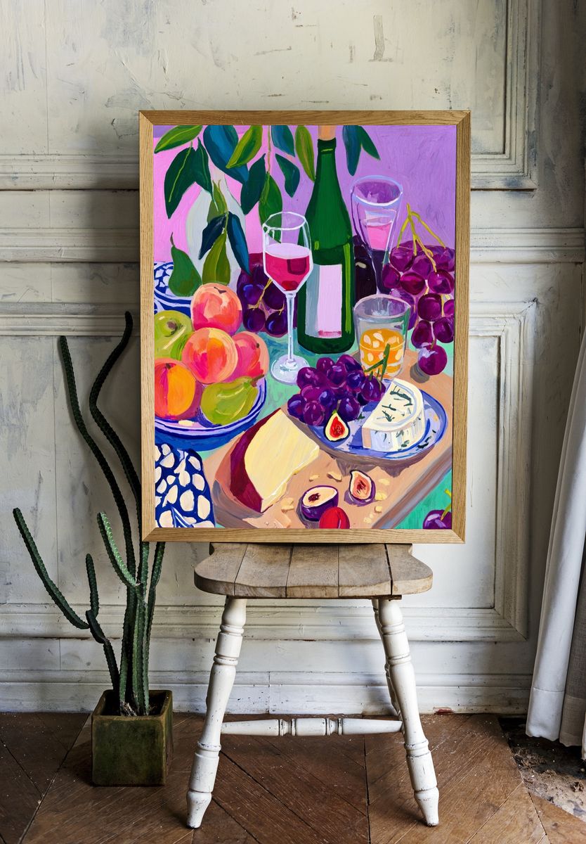 Vibrant Fruit and Wine Still Life Poster. — room view 1