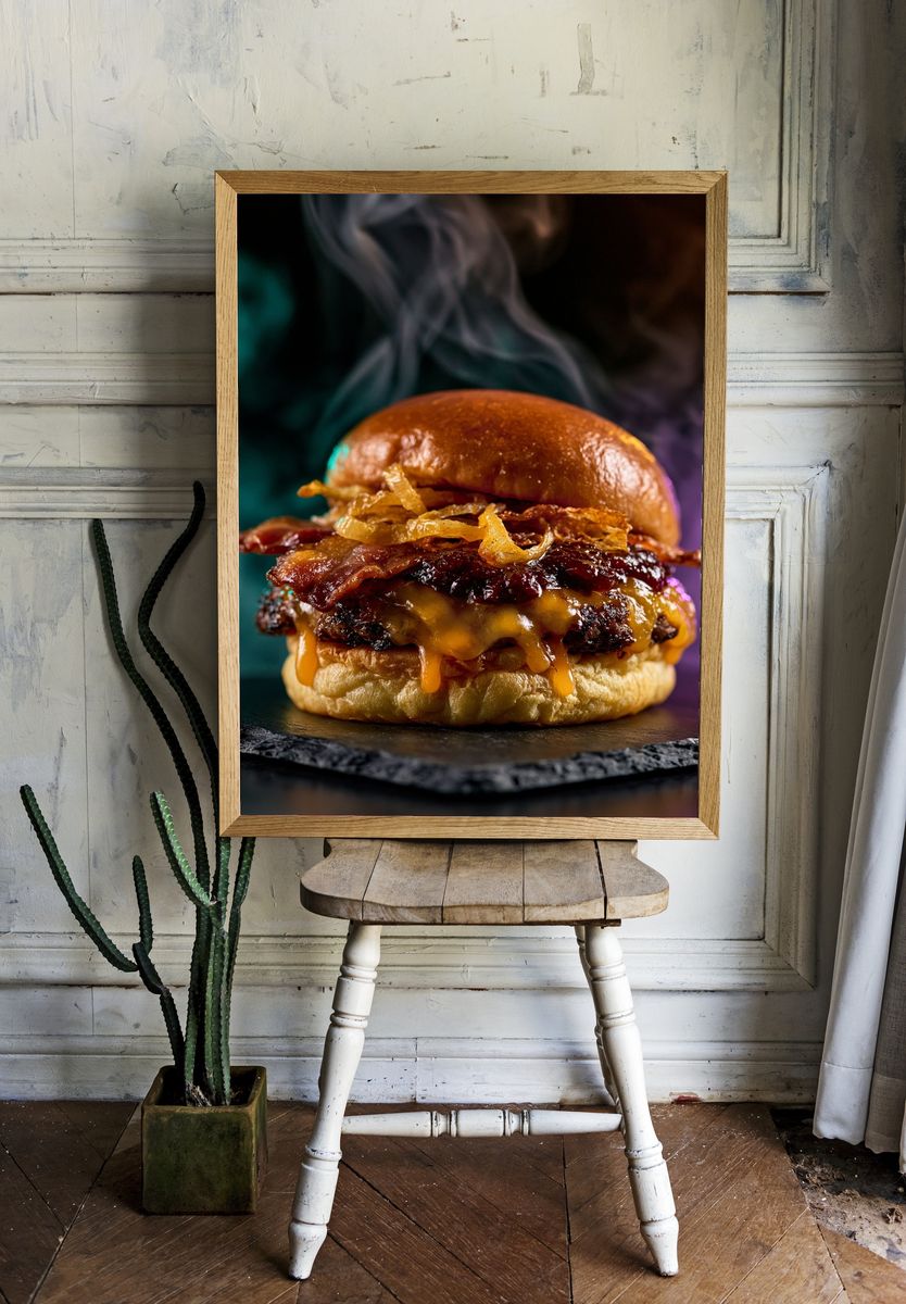 Gourmet Bacon Burger Photography Poster. — room view 1