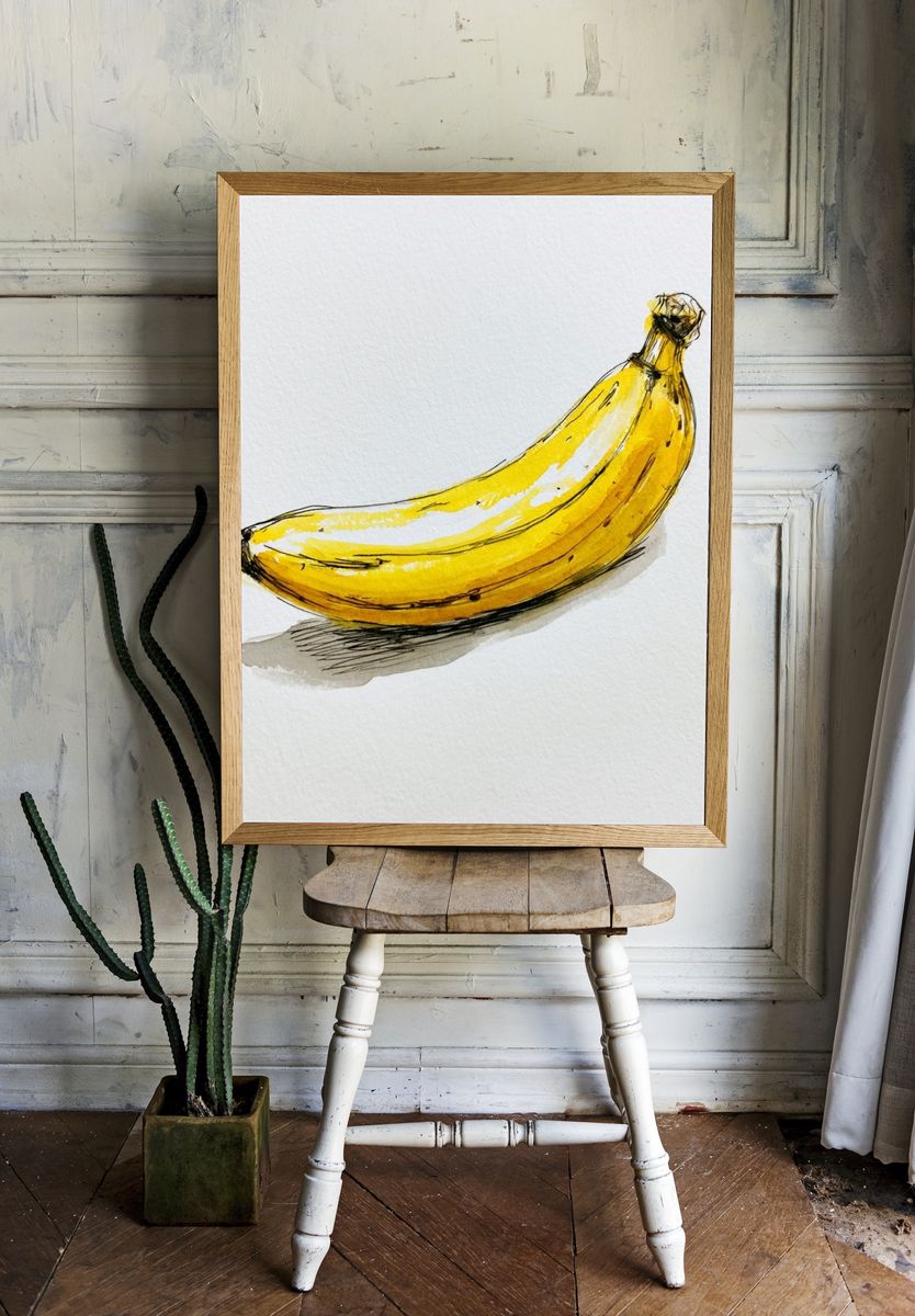 Yellow Banana Watercolor Print. — room view 1
