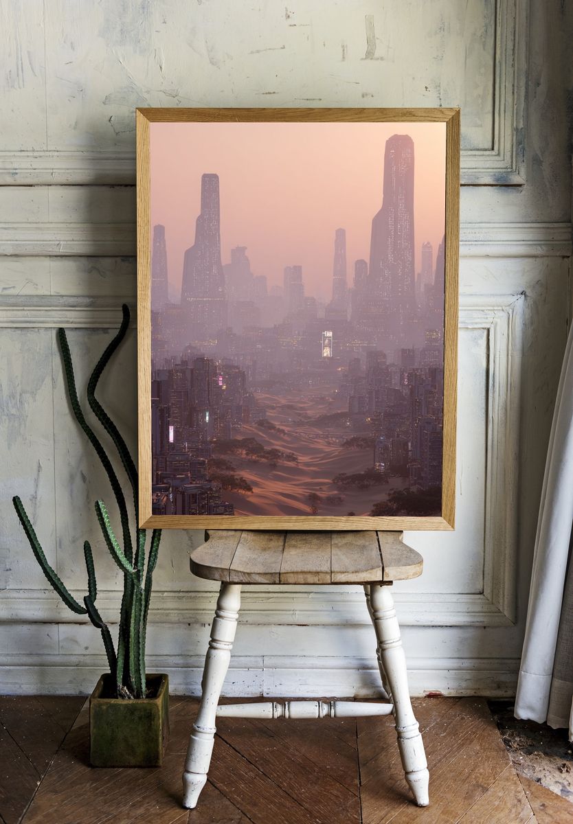 Futuristic Desert Cityscape — Digital Art Print. — room view 1