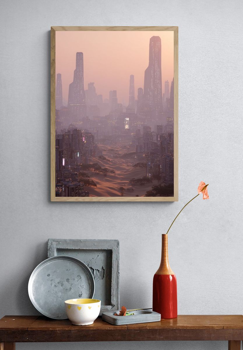 Futuristic Desert Cityscape — Digital Art Print. — room view 3