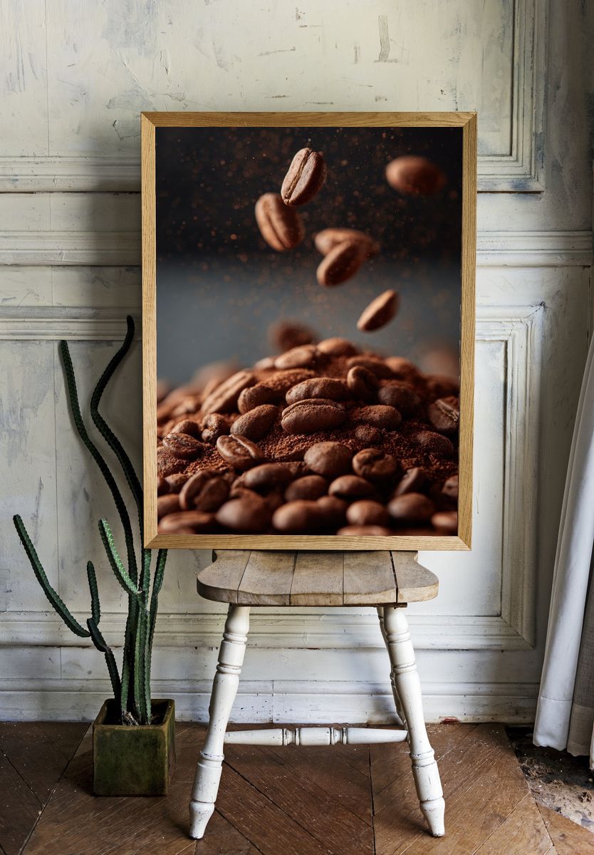 Floating Coffee Beans Photography Poster. room preview