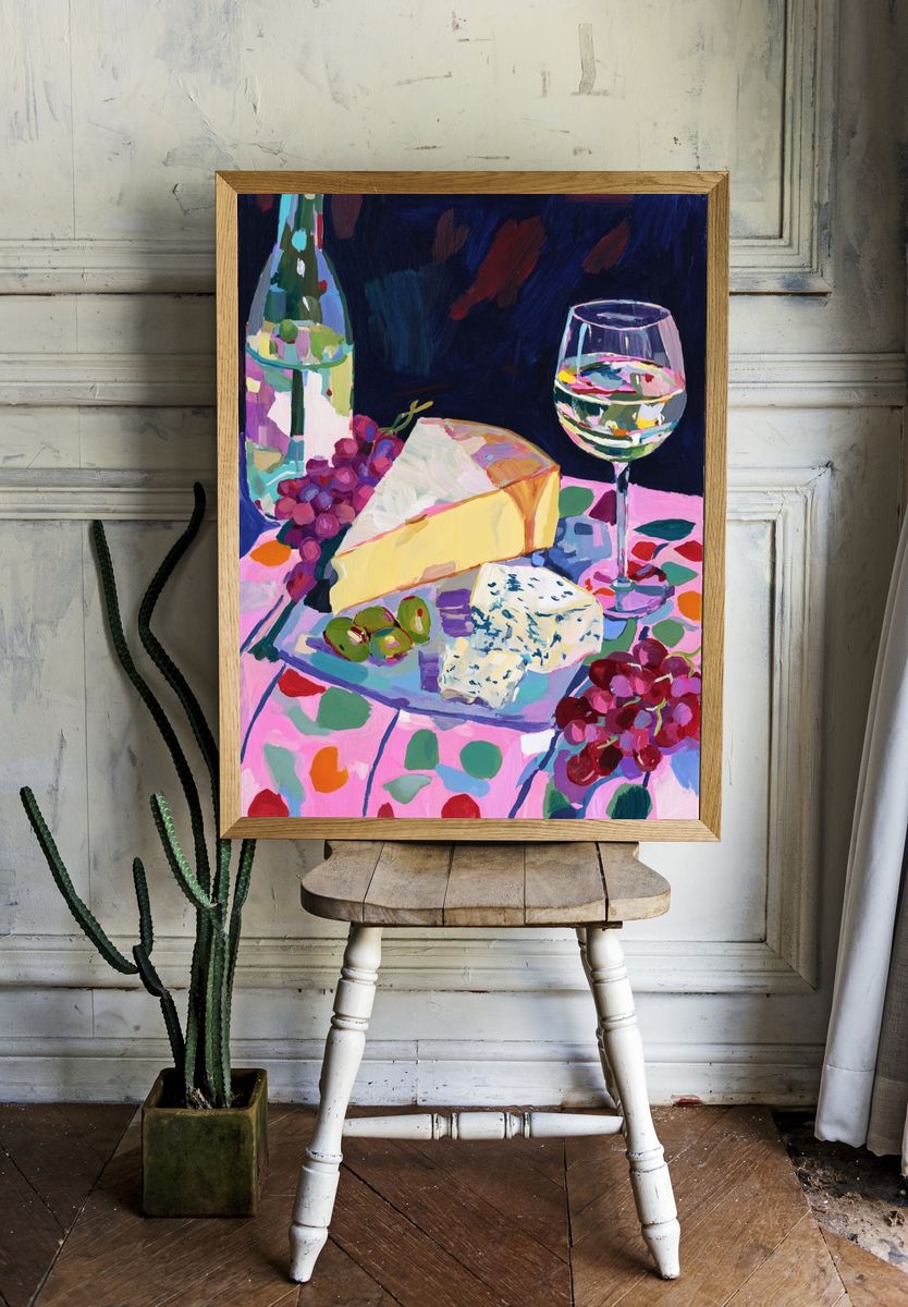 Cheese and Wine Still Life Print. room preview