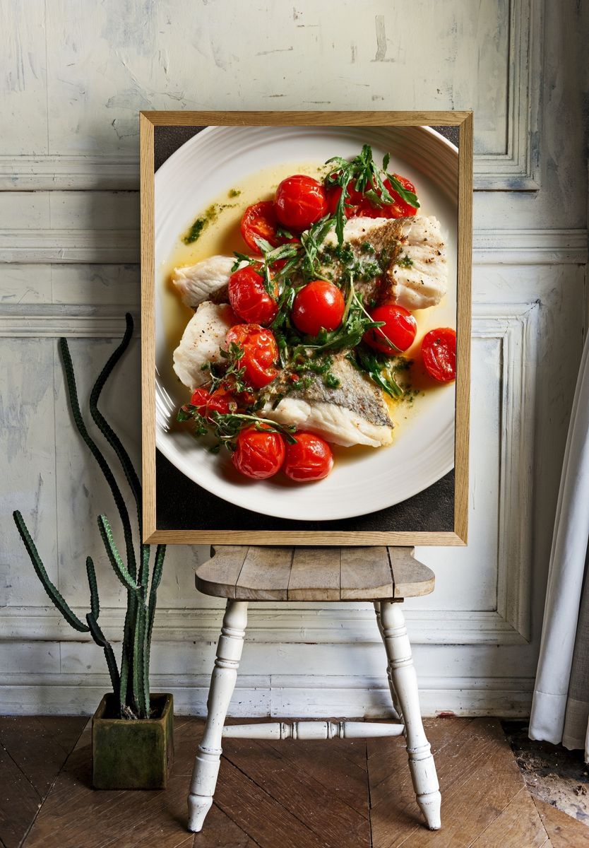 Seared Fish with Tomatoes Food-Drink Poster. room preview