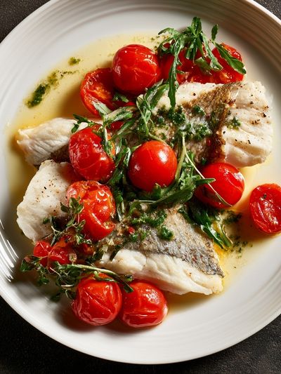 Seared Fish with Tomatoes Food-Drink Poster.