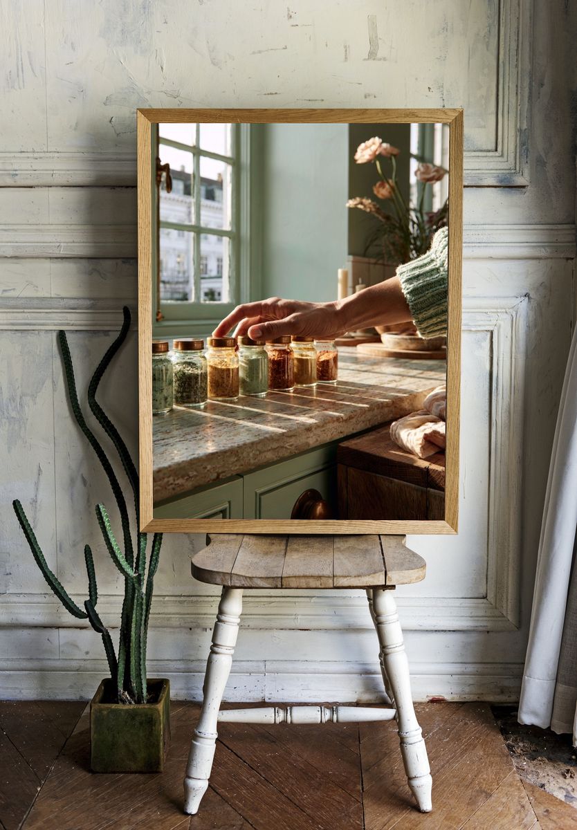 Sunlit Kitchen Herbs Photography Poster. — room view 1