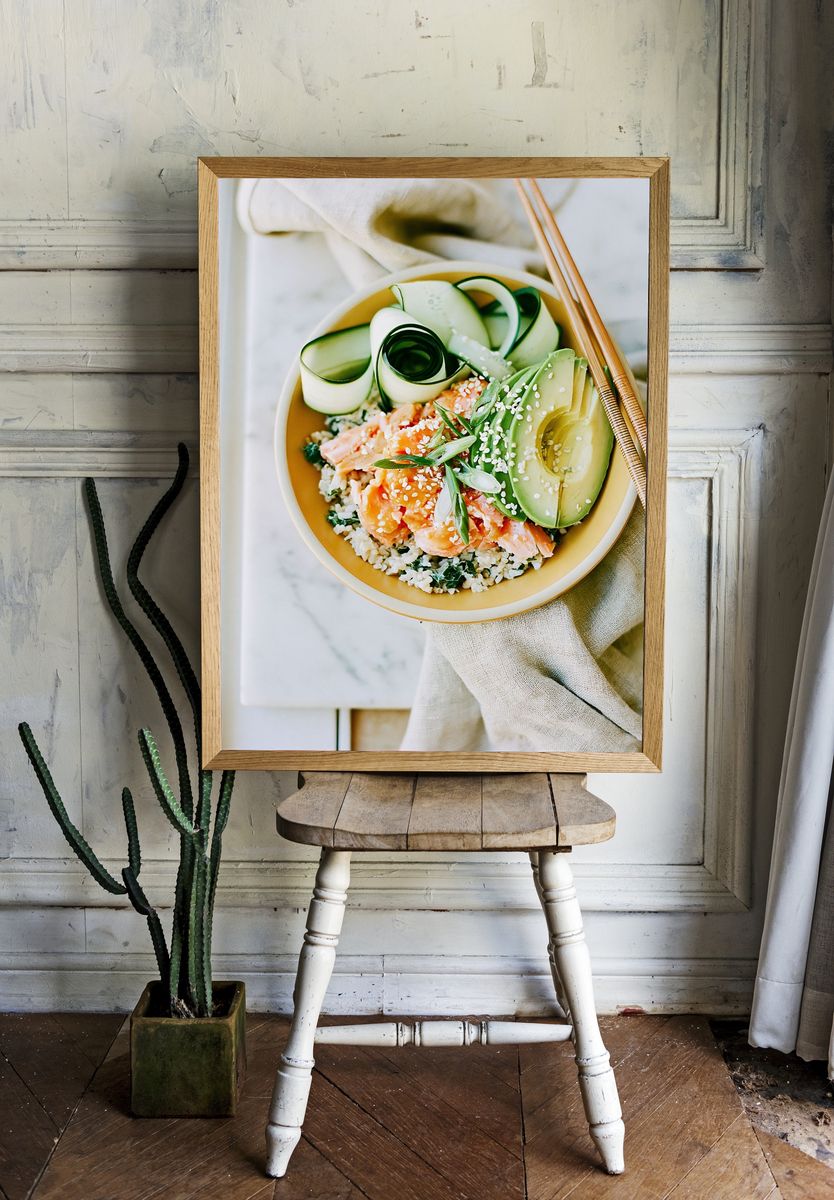 Avocado Salmon Bowl Photography Poster. — room view 1