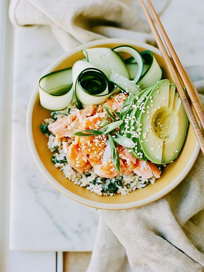 Avocado Salmon Bowl Photography Poster.