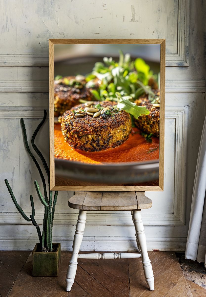 Gourmet Seed-Crusted Patties Photography Poster. room preview