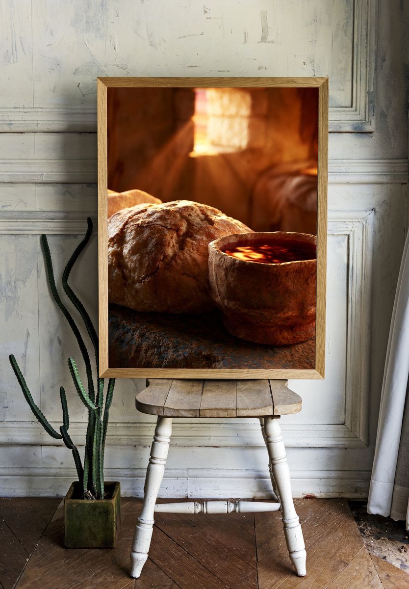 Rustic Bread and Wine Still Life Print. room preview