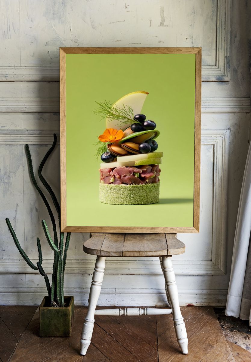 Gourmet Seafood Stack Photography Poster. — room view 1